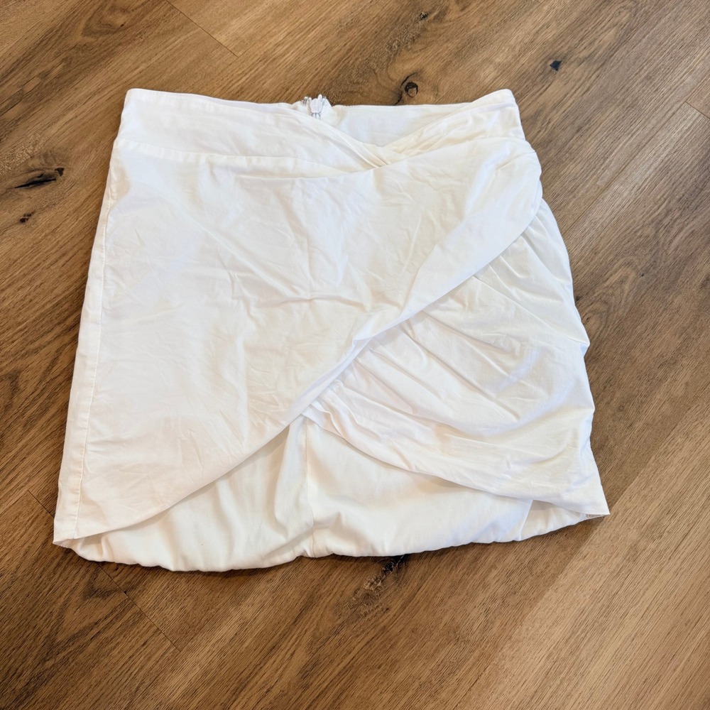 House of CB London White Draped Wrap Mini Skirt Size L High Waisted Cotton Blend